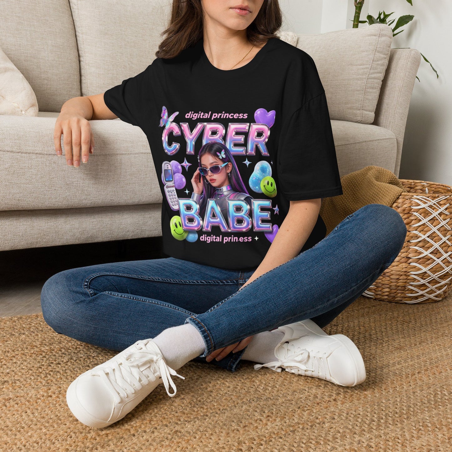 Cyber Babe Graphic Tee — “digital princess” Y2K Holographic T-Shirt