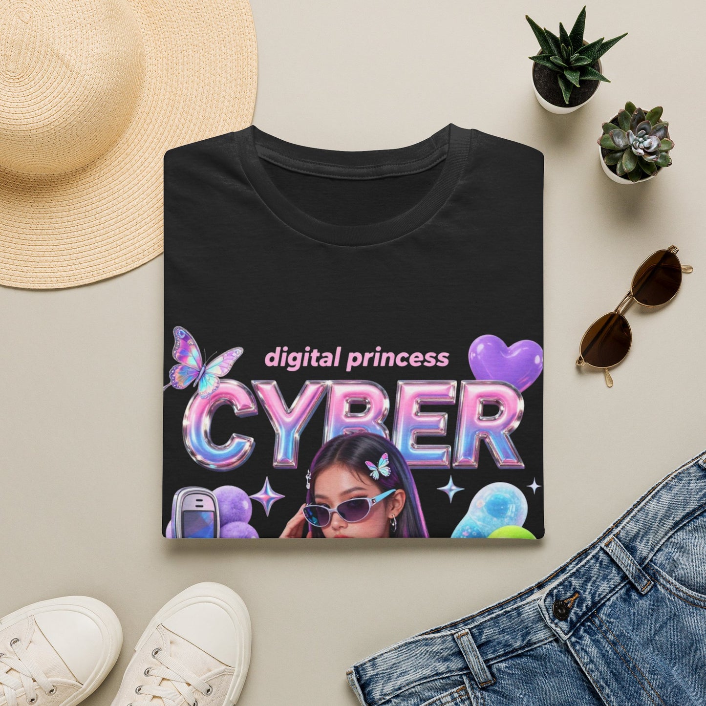 Cyber Babe Graphic Tee — “digital princess” Y2K Holographic T-Shirt