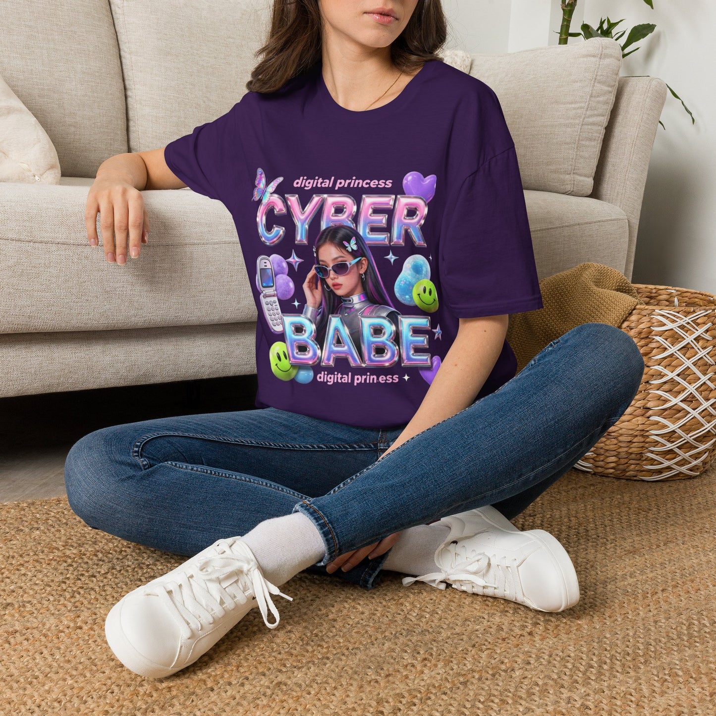 Cyber Babe Graphic Tee — “digital princess” Y2K Holographic T-Shirt