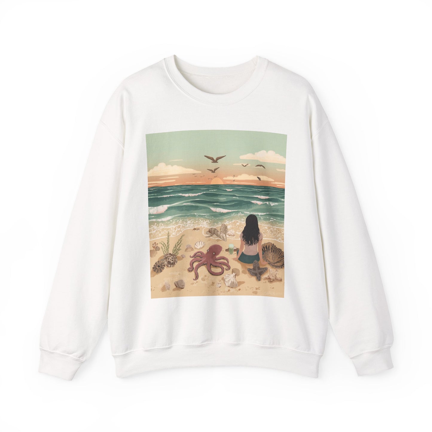 Crewneck Sweatshirt — Beach Sunset Scene with Mermaid, Octopus & Sea Life Graphic