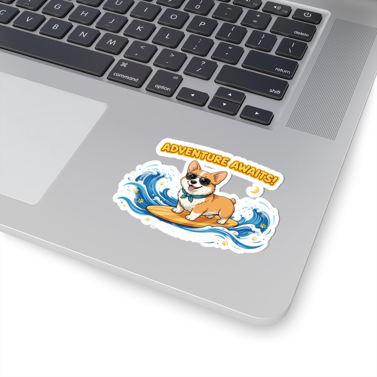 Adventure Awaits! Corgi Surfing Sticker