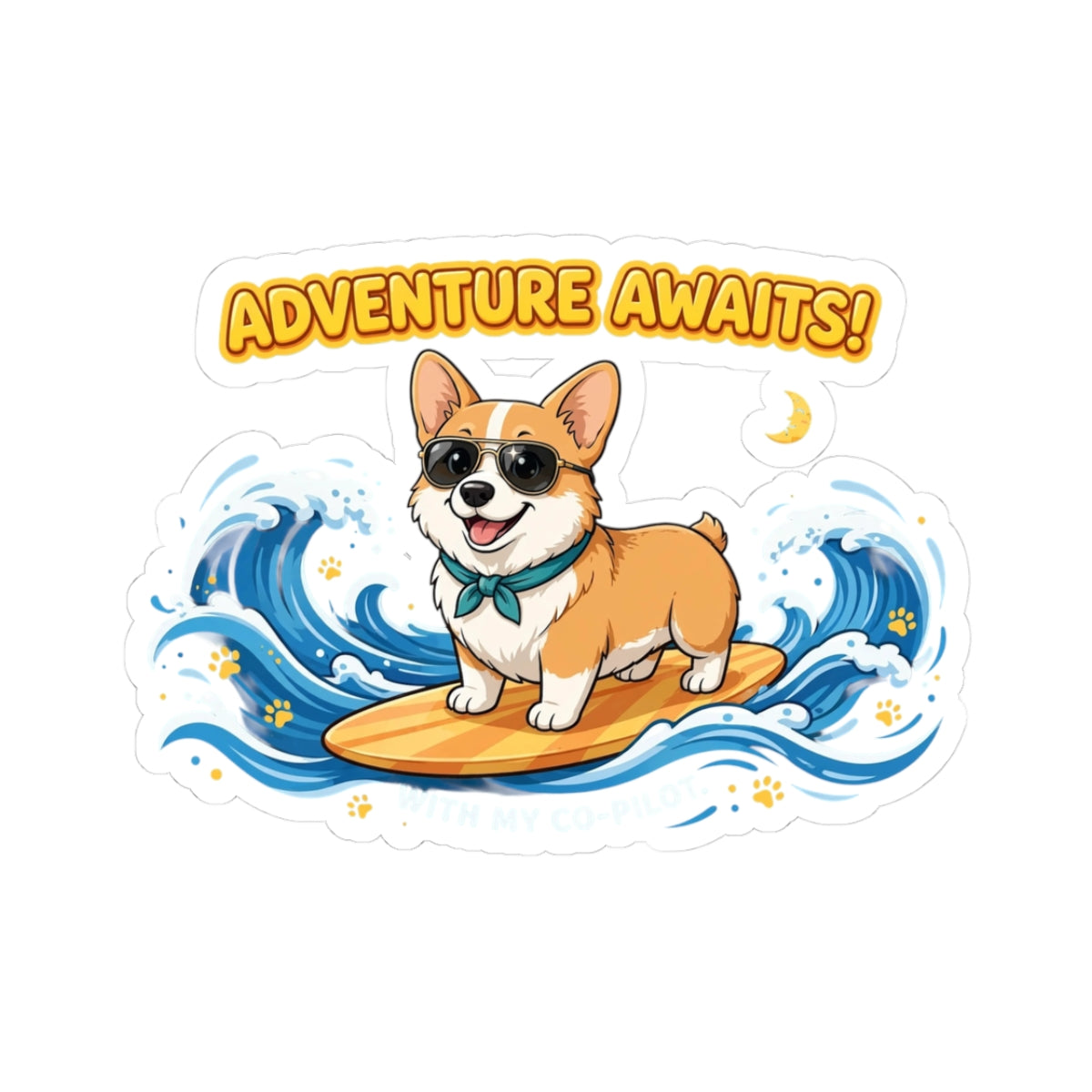 Adventure Awaits! Corgi Surfing Sticker