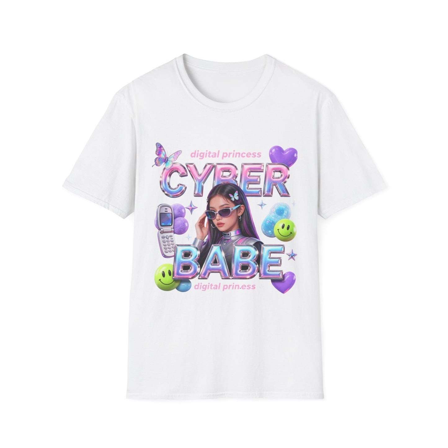 Cyber Babe Graphic Tee — “digital princess” Y2K Holographic T-Shirt