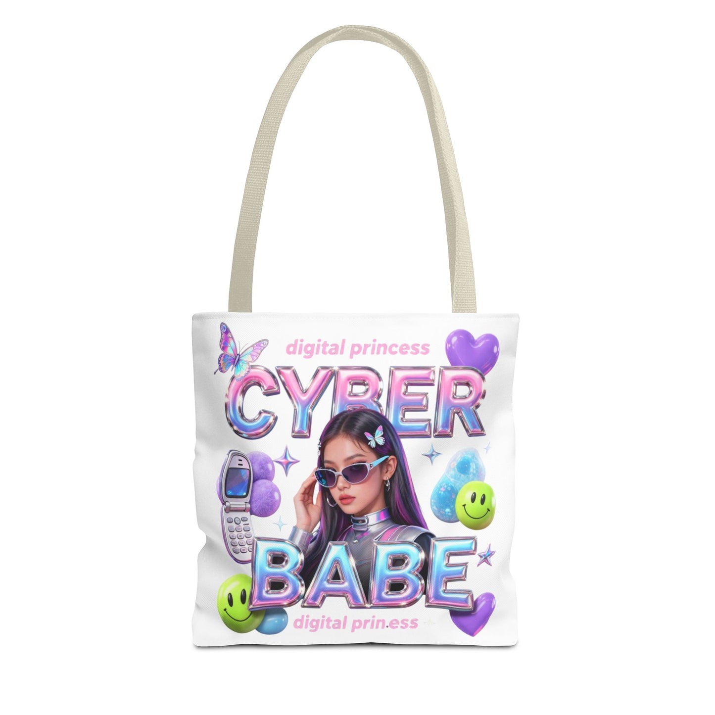 Cyber Babe Graphic Tote Bag — Digital Princess Y2K Aesthetic All-Over Print