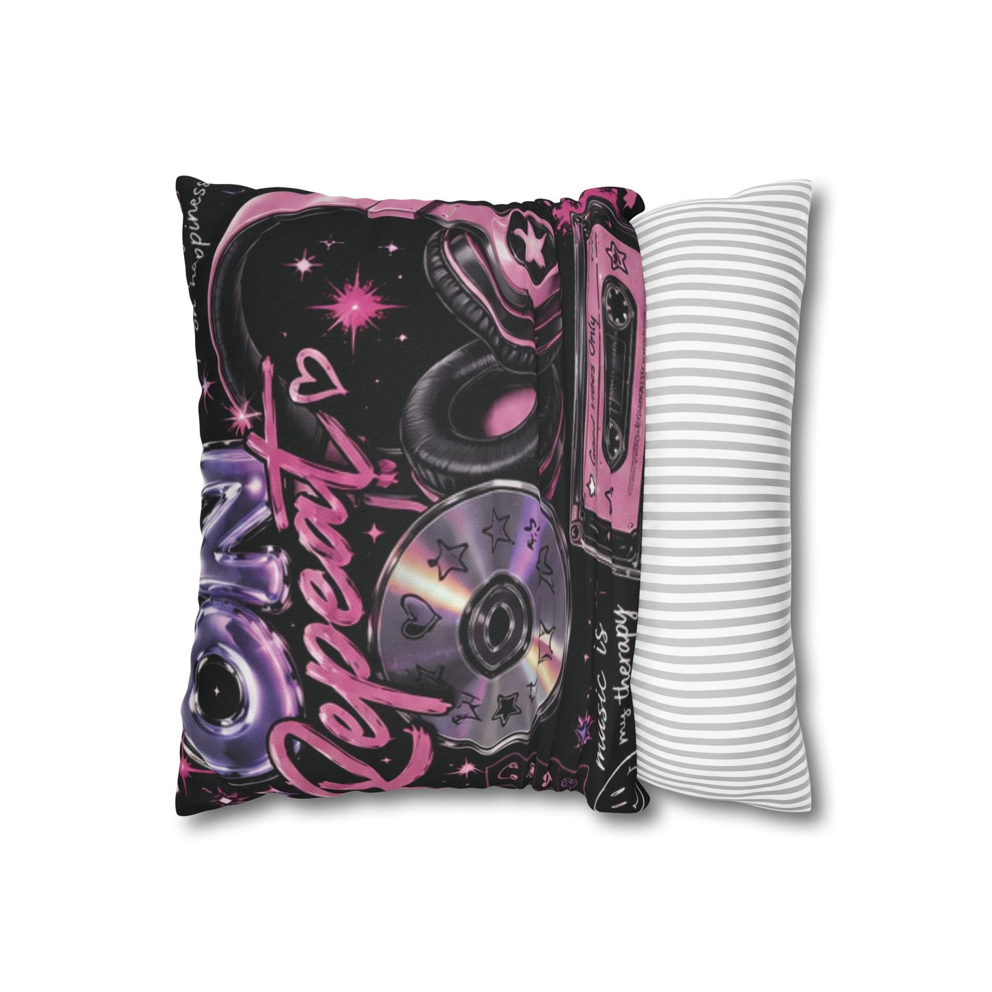 Music Repeat Square Pillowcase – Retro Headphones & Cassette Design
