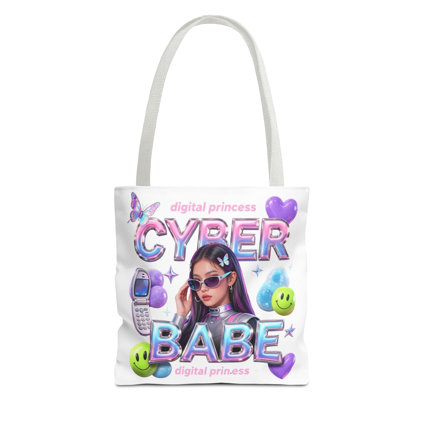 Cyber Babe Graphic Tote Bag — Digital Princess Y2K Aesthetic All-Over Print