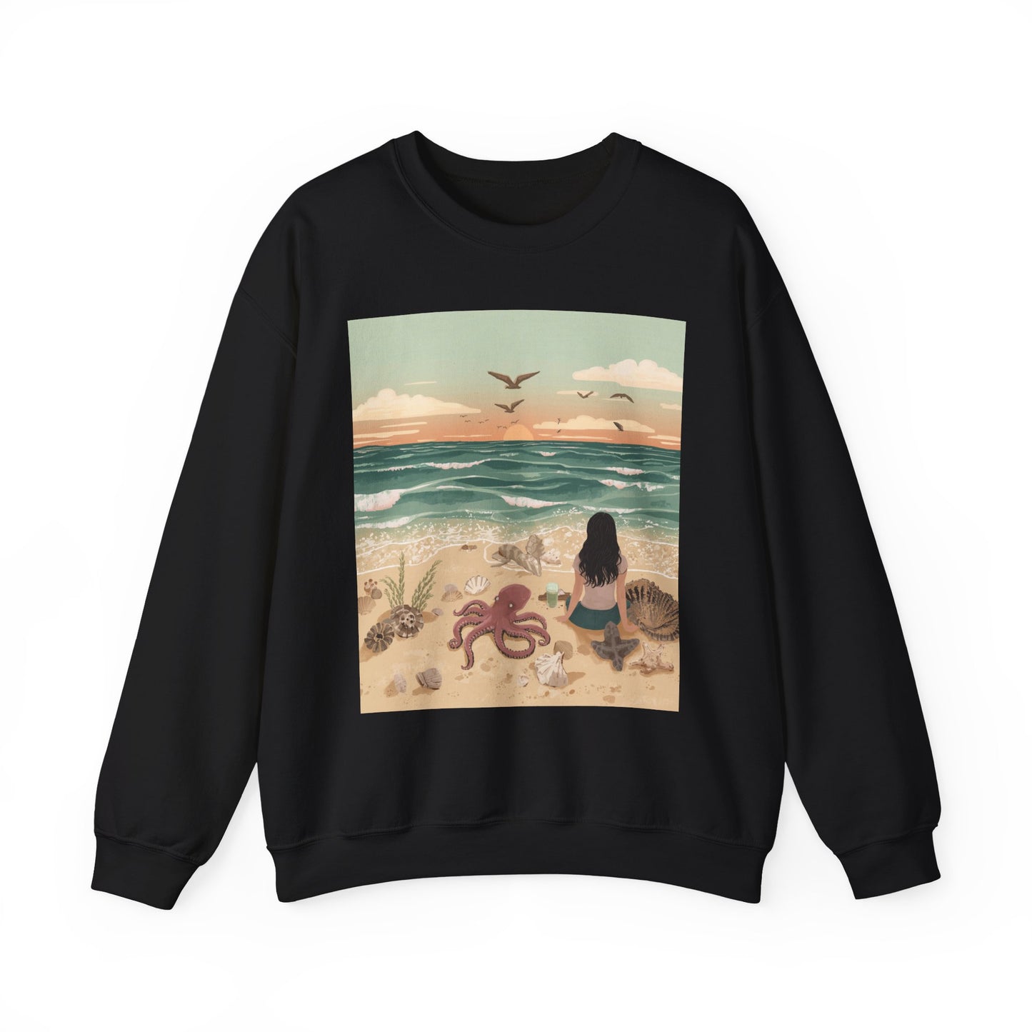 Crewneck Sweatshirt — Beach Sunset Scene with Mermaid, Octopus & Sea Life Graphic