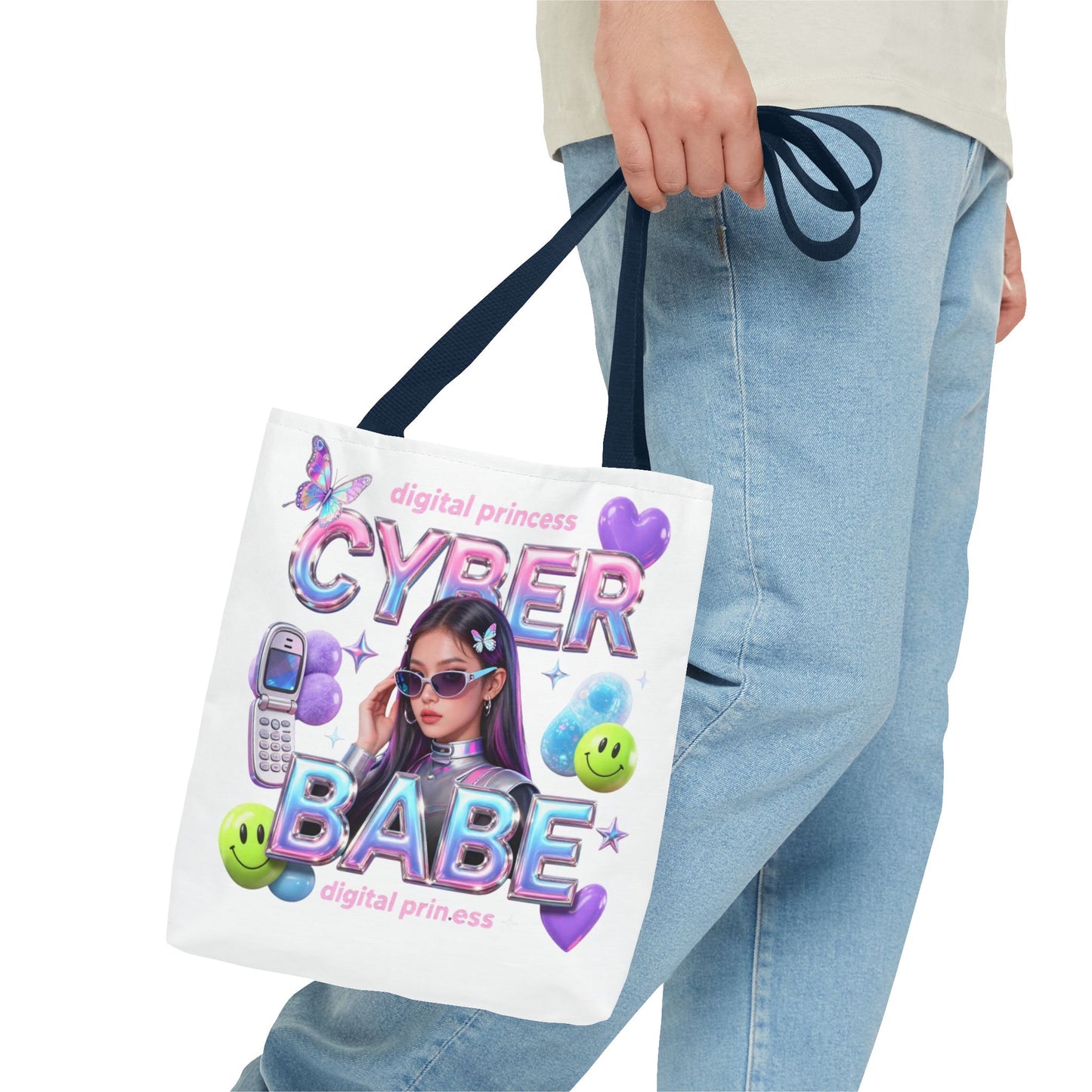 Cyber Babe Graphic Tote Bag — Digital Princess Y2K Aesthetic All-Over Print