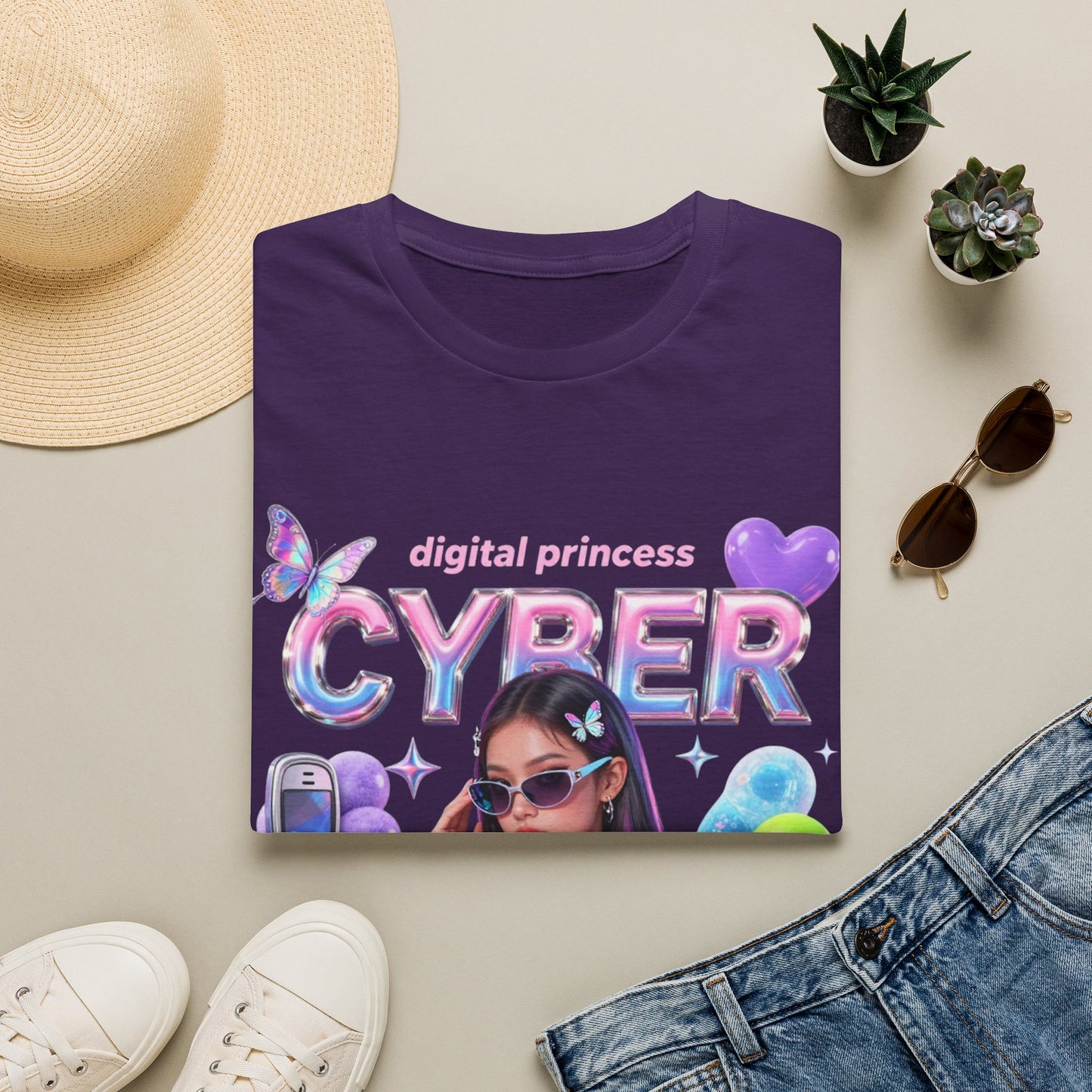 Cyber Babe Graphic Tee — “digital princess” Y2K Holographic T-Shirt