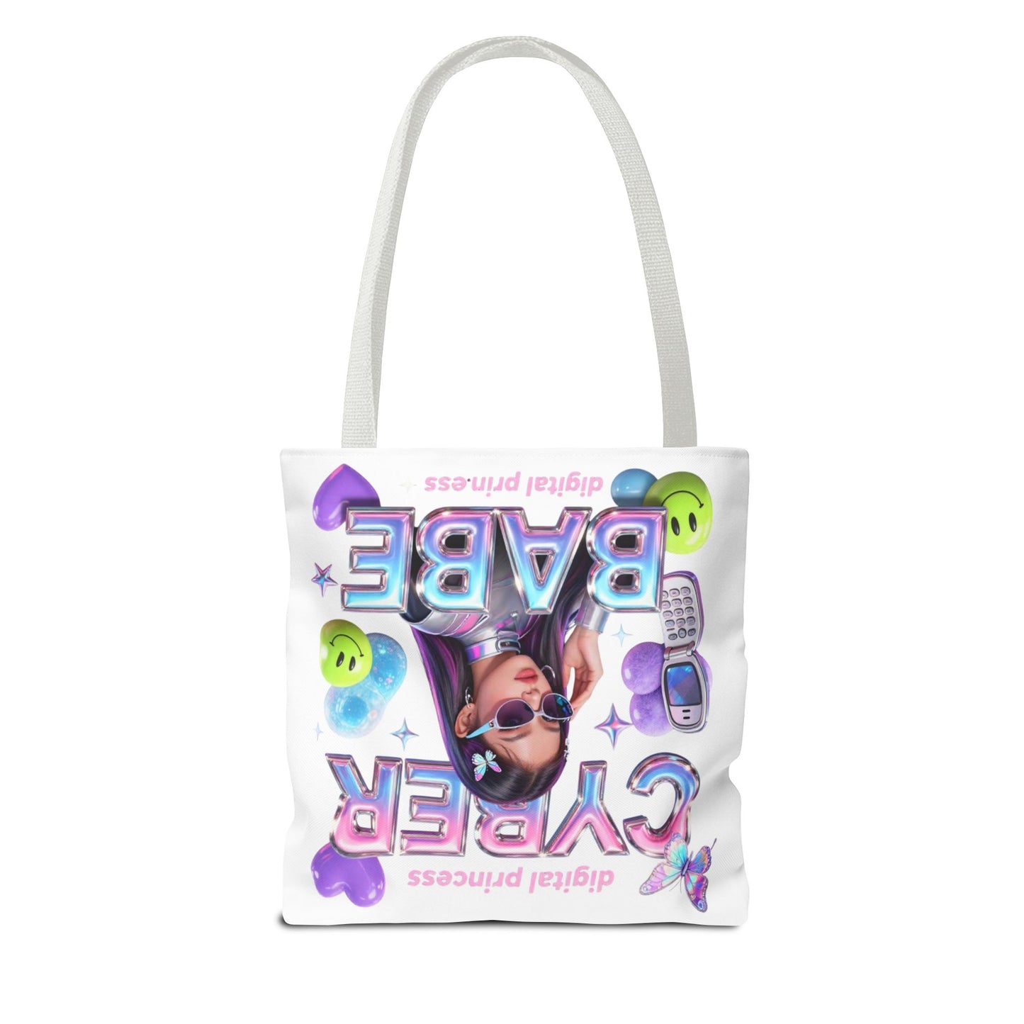 Cyber Babe Graphic Tote Bag — Digital Princess Y2K Aesthetic All-Over Print