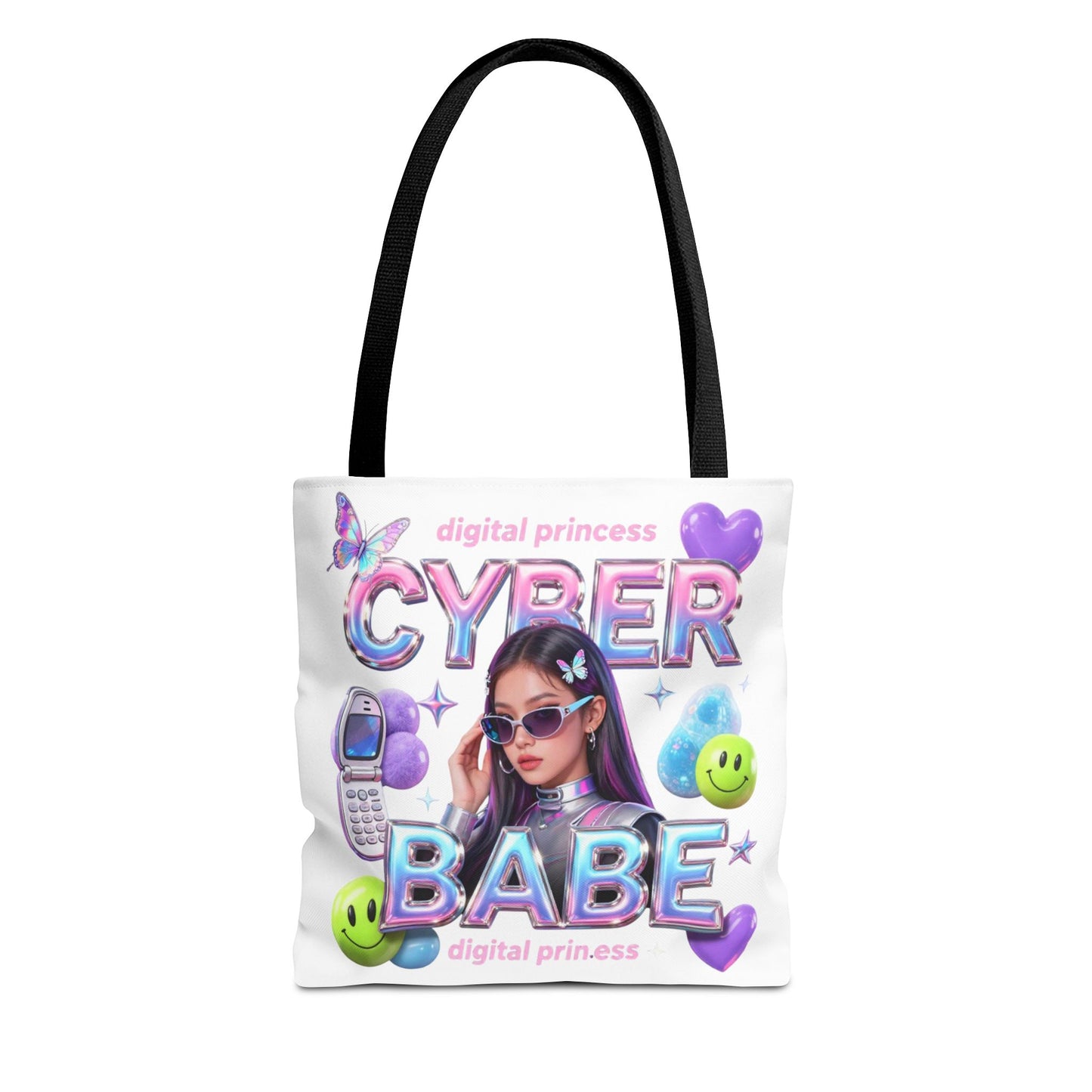 Cyber Babe Graphic Tote Bag — Digital Princess Y2K Aesthetic All-Over Print