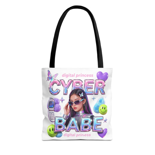 Cyber Babe Graphic Tote Bag — Digital Princess Y2K Aesthetic All-Over Print