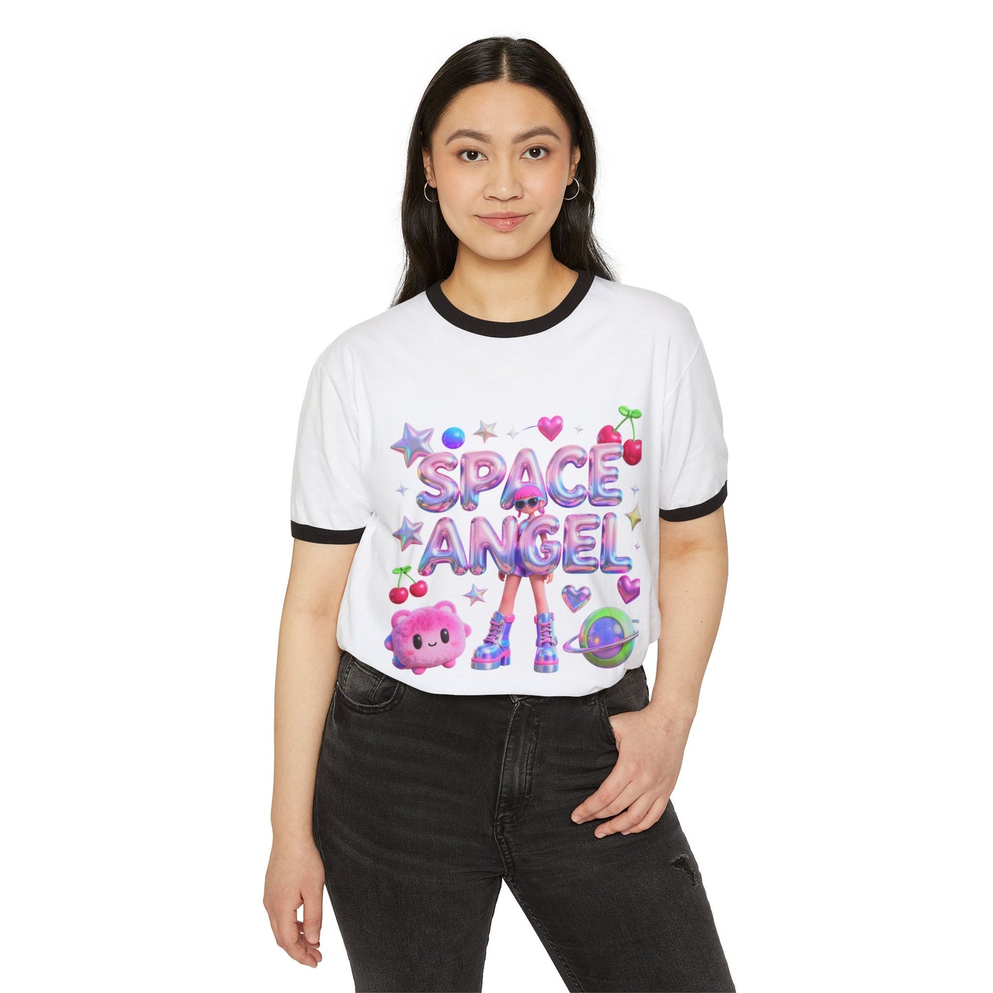 Space Angel Ringer Tee — Pastel Kawaii Astronaut Graphic T-Shirt