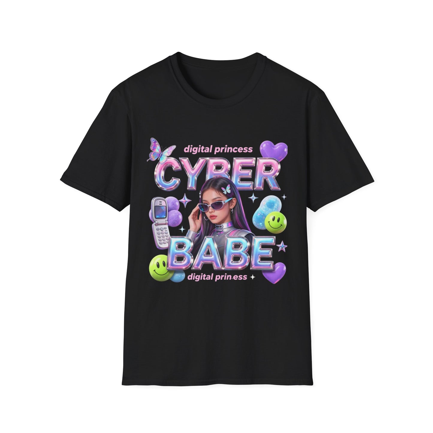 Cyber Babe Graphic Tee — “digital princess” Y2K Holographic T-Shirt
