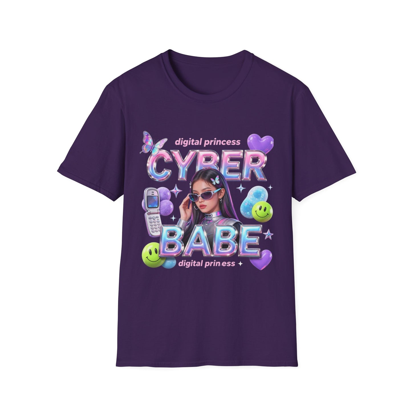 Cyber Babe Graphic Tee — “digital princess” Y2K Holographic T-Shirt