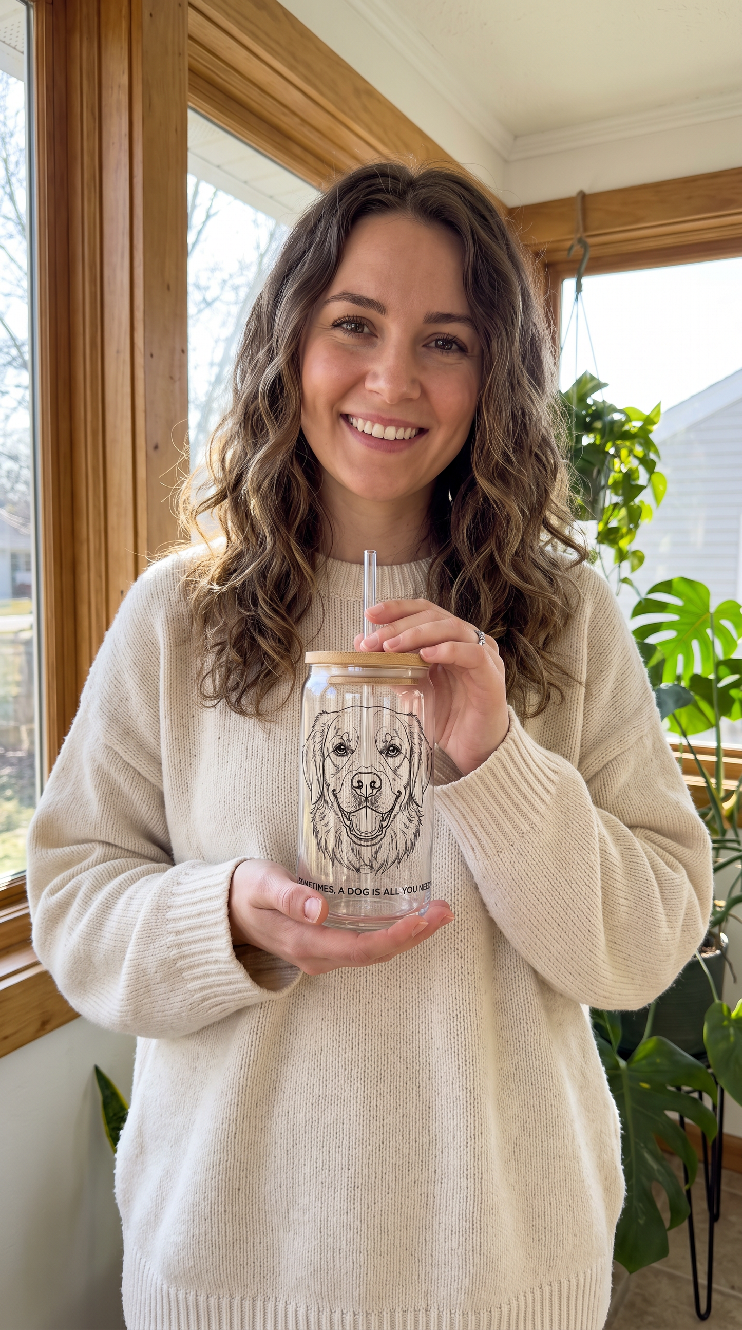 Dog Portrait Sipper Glass 16oz – "Sometimes a Dog Is All You Need" Clear Tumbler with Straw