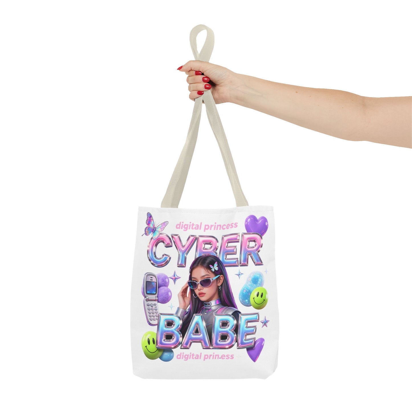 Cyber Babe Graphic Tote Bag — Digital Princess Y2K Aesthetic All-Over Print