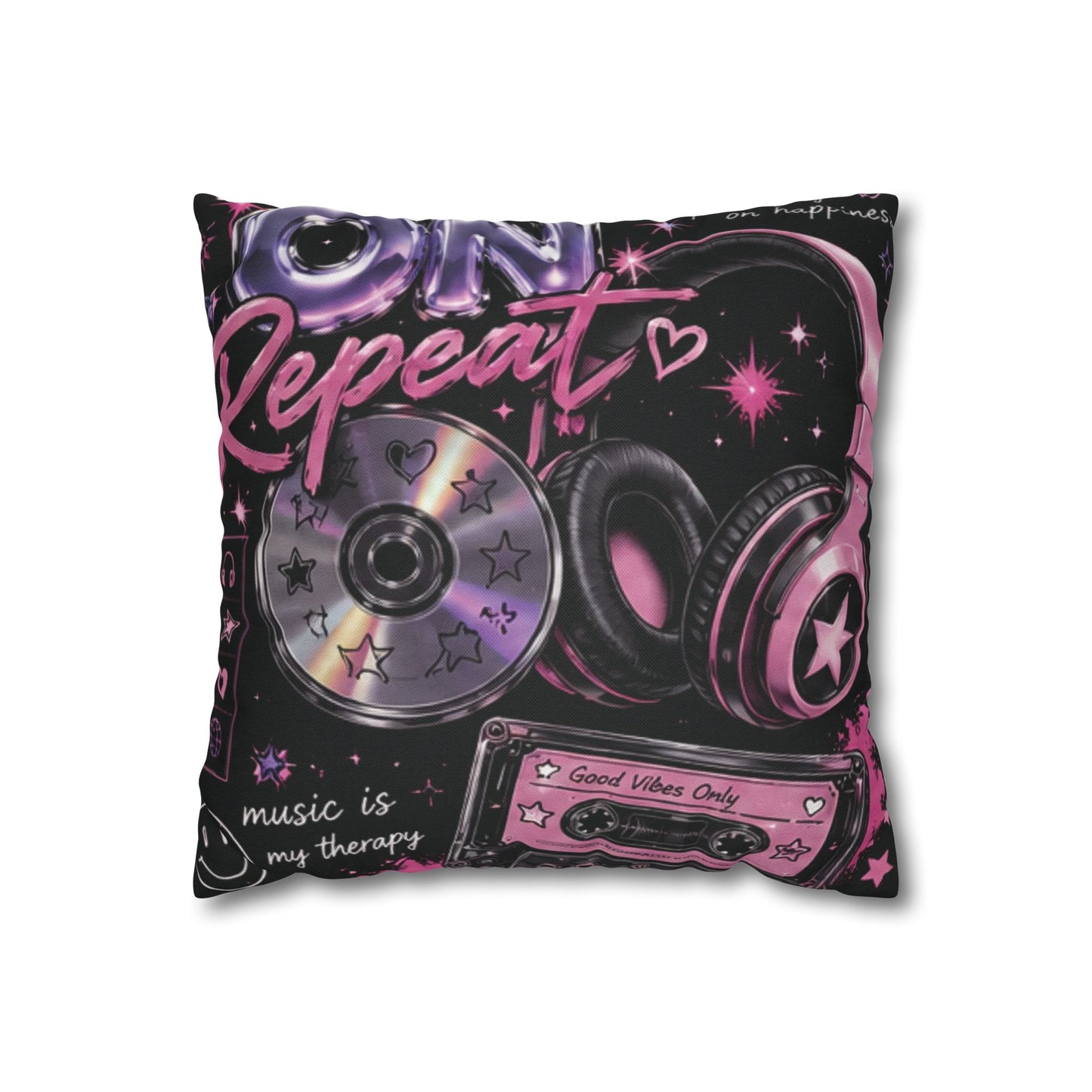 Music Repeat Square Pillowcase – Retro Headphones & Cassette Design