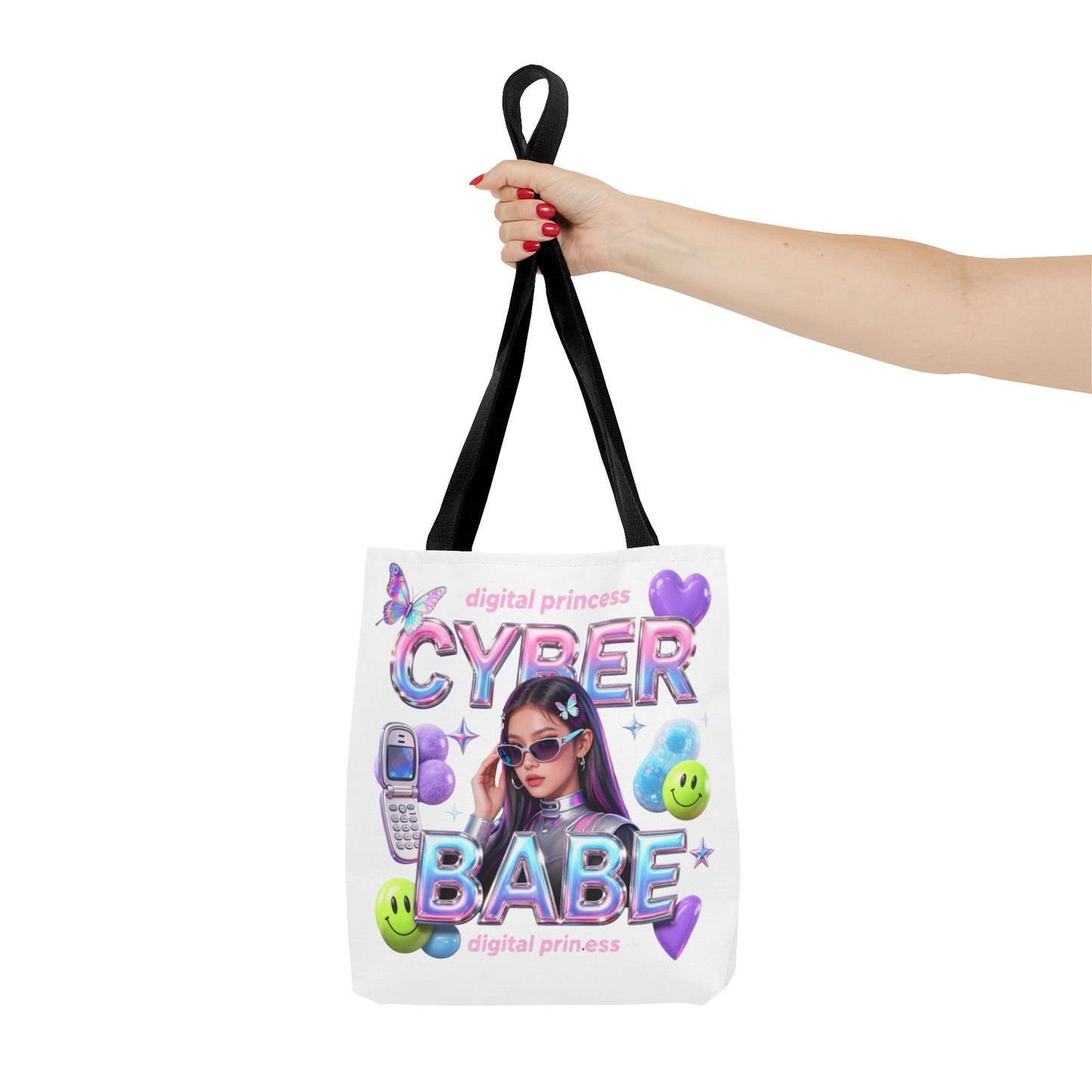 Cyber Babe Graphic Tote Bag — Digital Princess Y2K Aesthetic All-Over Print