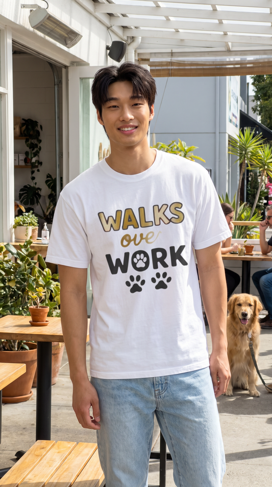 Walks Over Work T-Shirt — Dog Lover Paw Print Tee