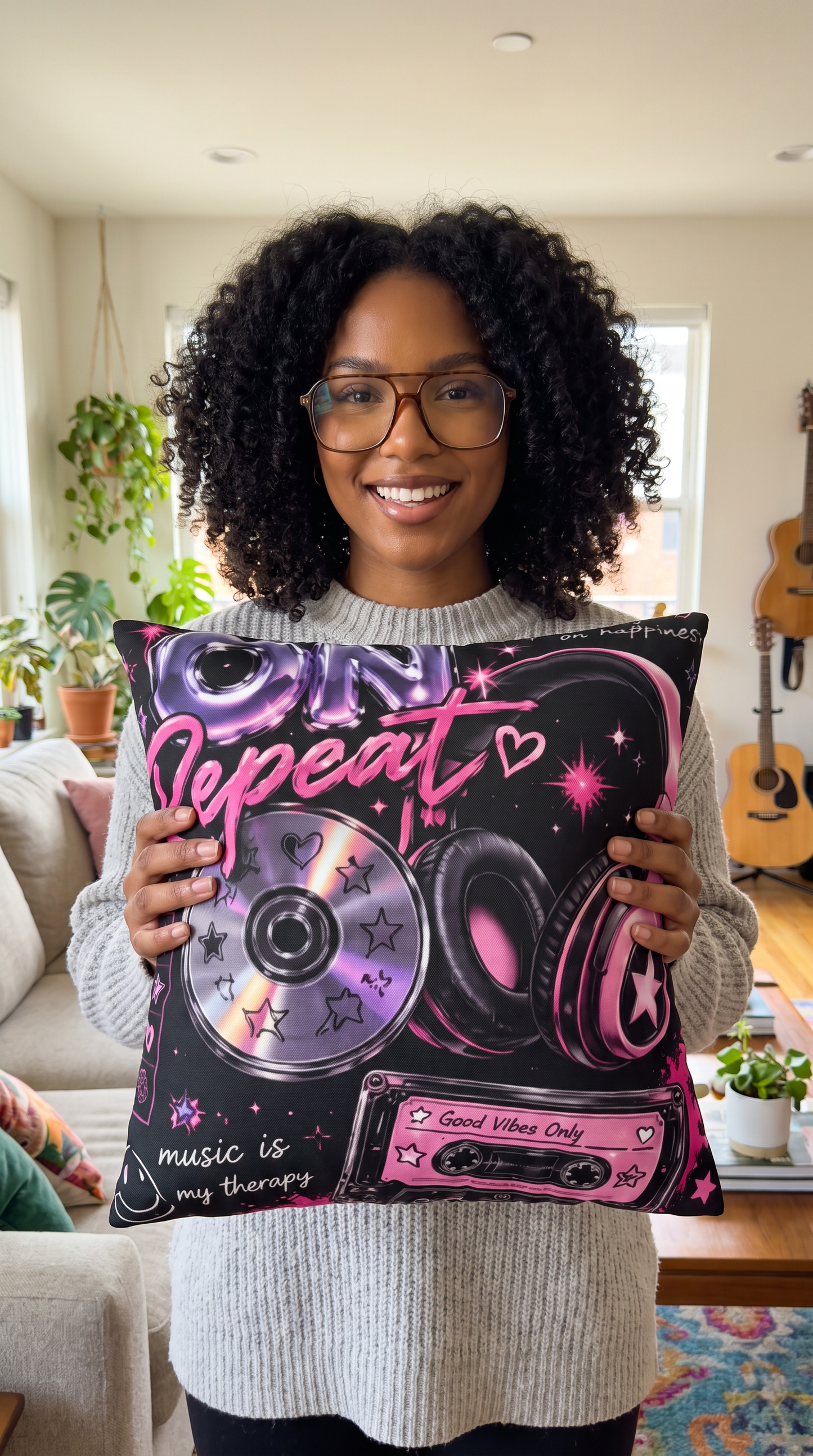 Music Repeat Square Pillowcase – Retro Headphones & Cassette Design