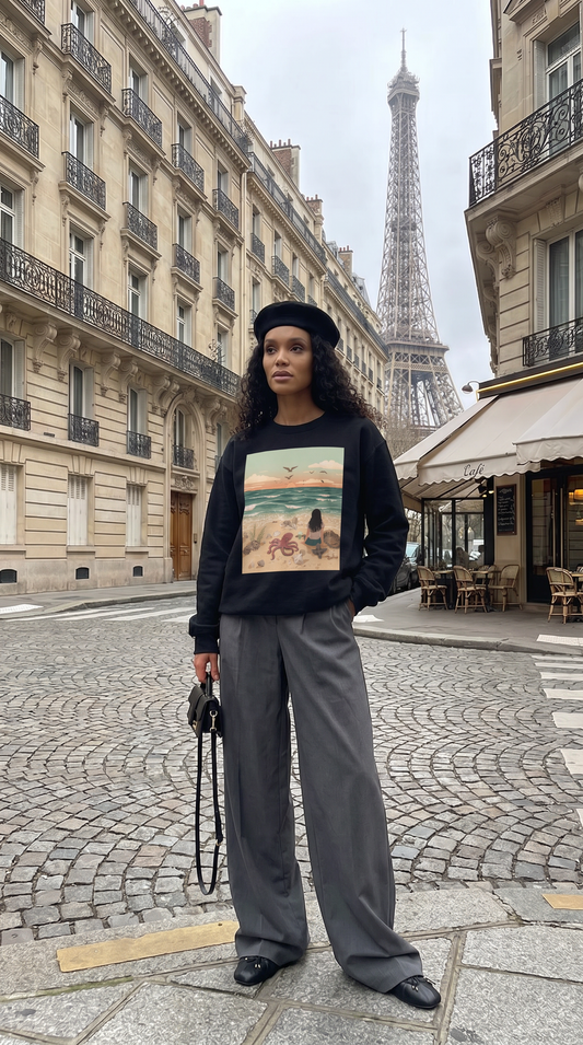 Crewneck Sweatshirt — Beach Sunset Scene with Mermaid, Octopus & Sea Life Graphic
